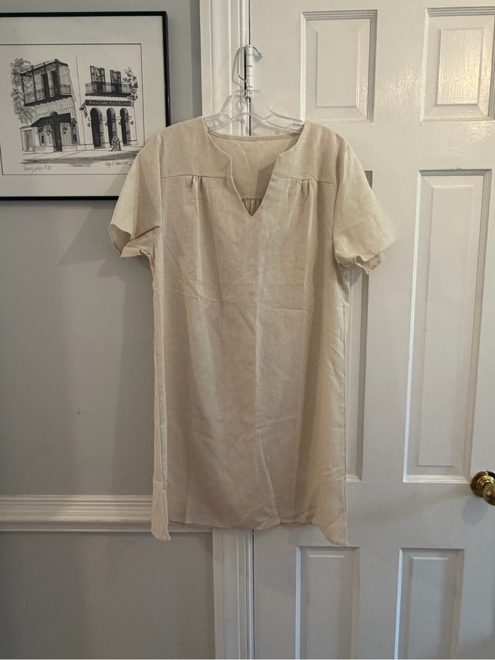 Casual Linen Type Fabric Short Sleeve Tunic Dress in Light Beige